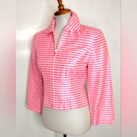 PINK GINGHAM RAW SILK CROP JACKET - Picture 1 of 12
